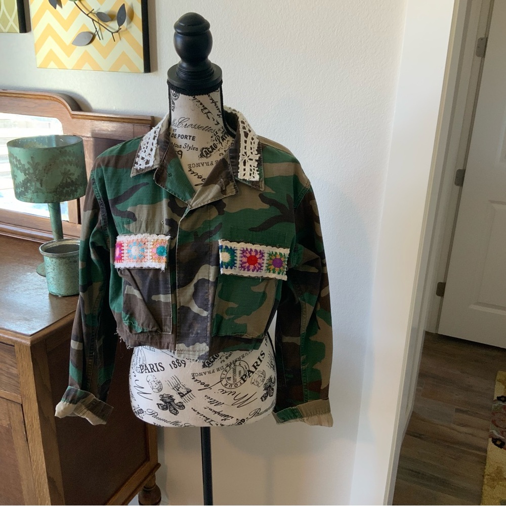 Upcycled Camouflage Cropped Jacket with Patchwork
